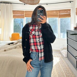 Red, Black, White Plaid Flannel Collared Shirt, Small